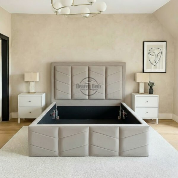 Royal Rest Upholstered Bed – Geometric Headboard (Optional Ottoman Storage)