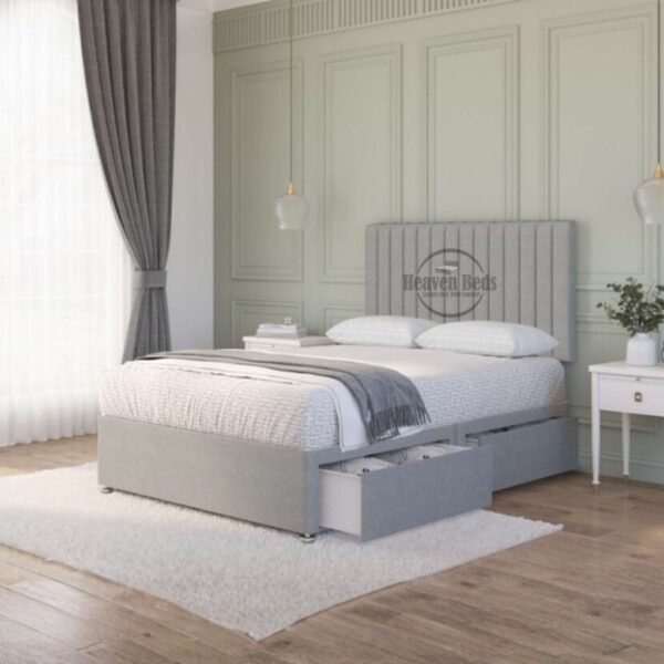 Heaven Eleanor Divan Bed with Storage & Panel Headboard | Grey Upholstered